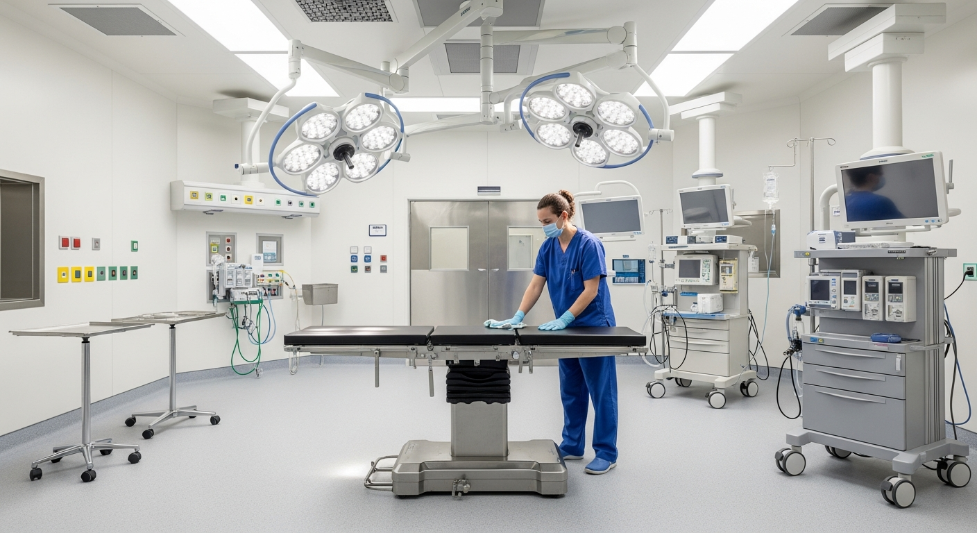 Empty modern hospital operating room being terminally cleaned with surgical lights overhead