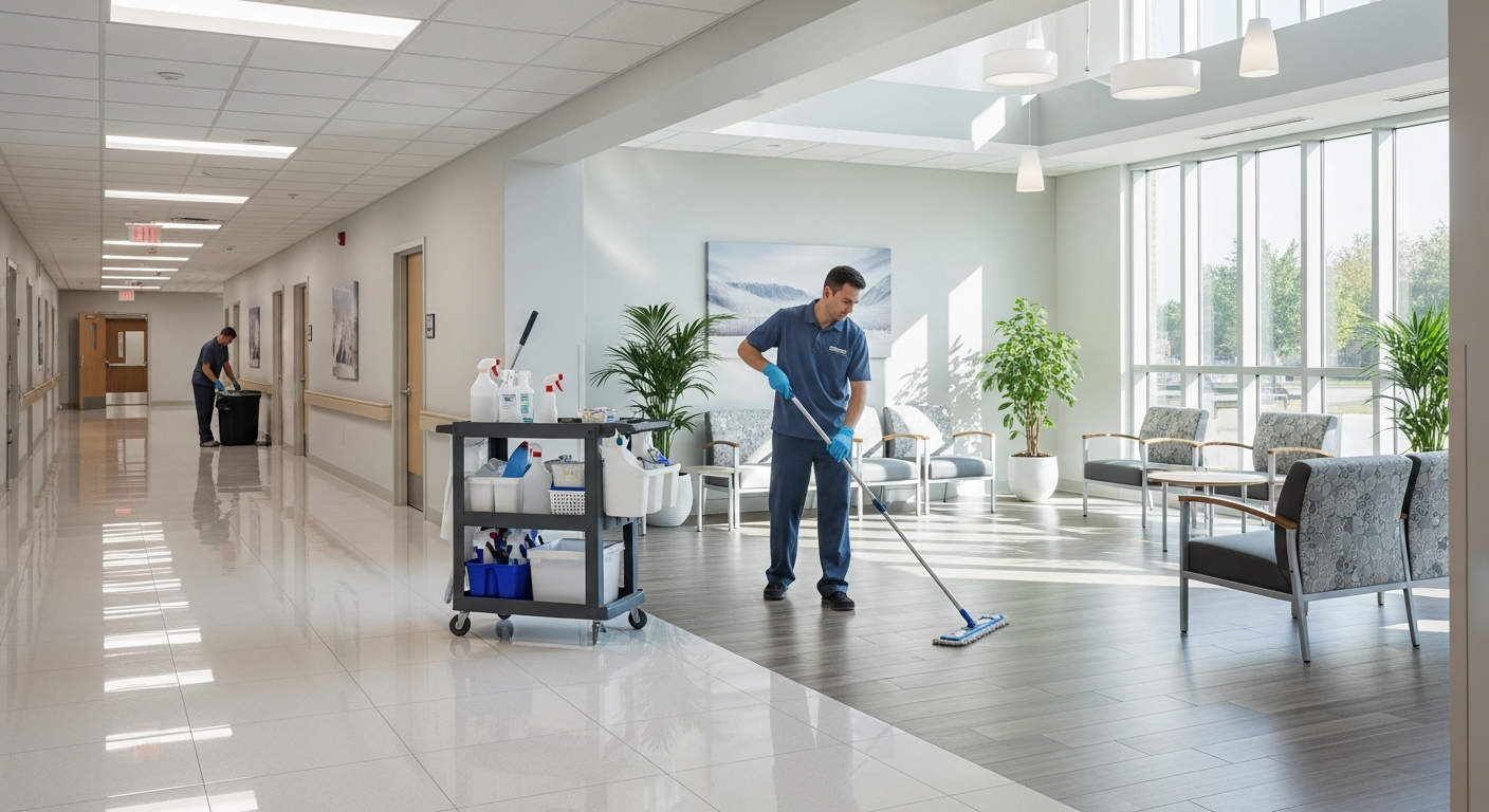 Modern outpatient clinic hallway and waiting area being professionally cleaned with a cleaning cart
