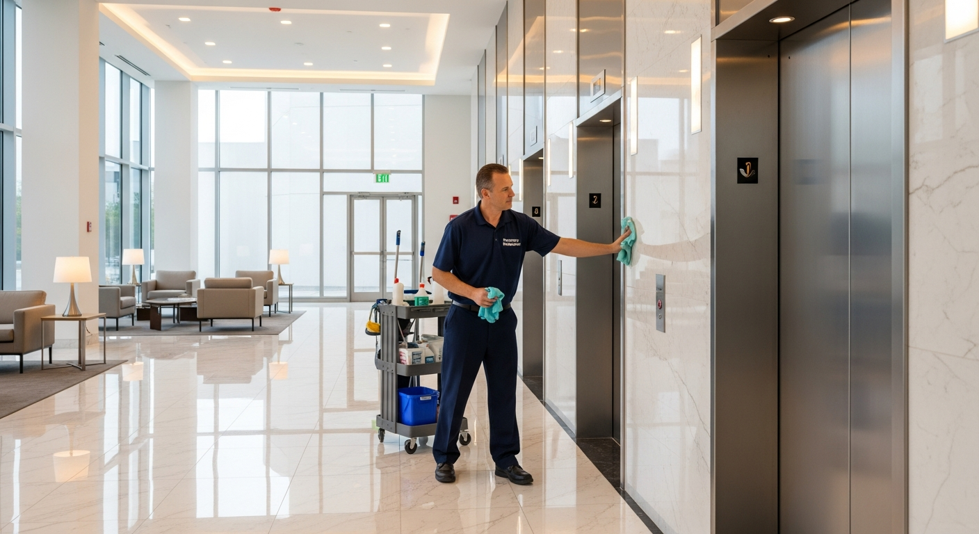 Uniformed porter cleaning the elevator lobby of an office building