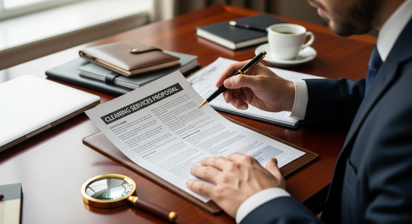 Businessperson reviewing a printed commercial cleaning proposal document at a desk