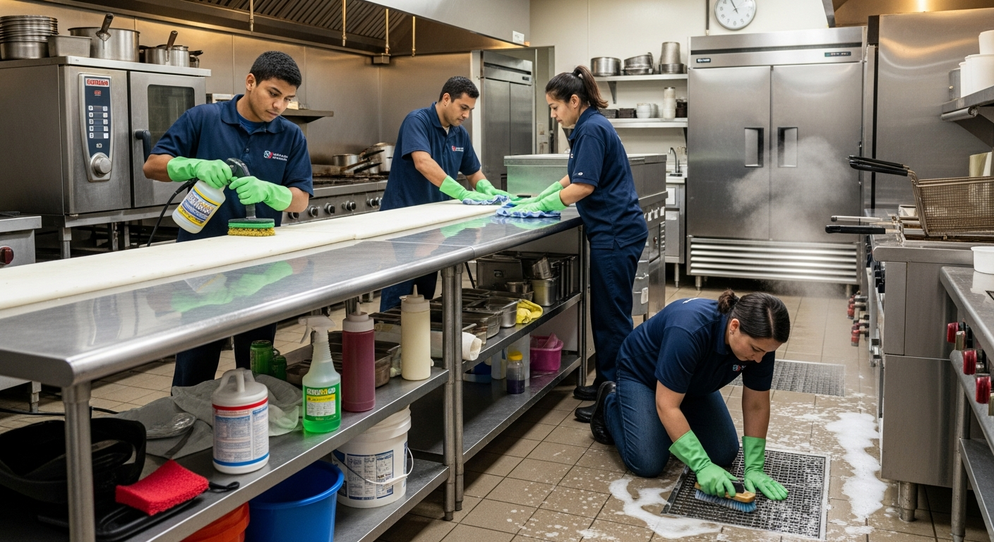 Commercial kitchen cleaning crew scrubbing stainless steel surfaces in a restaurant back of house