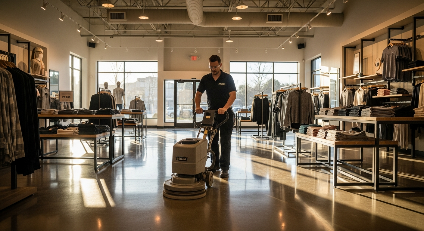 Cleaner buffing the sales floor of a retail clothing store before opening