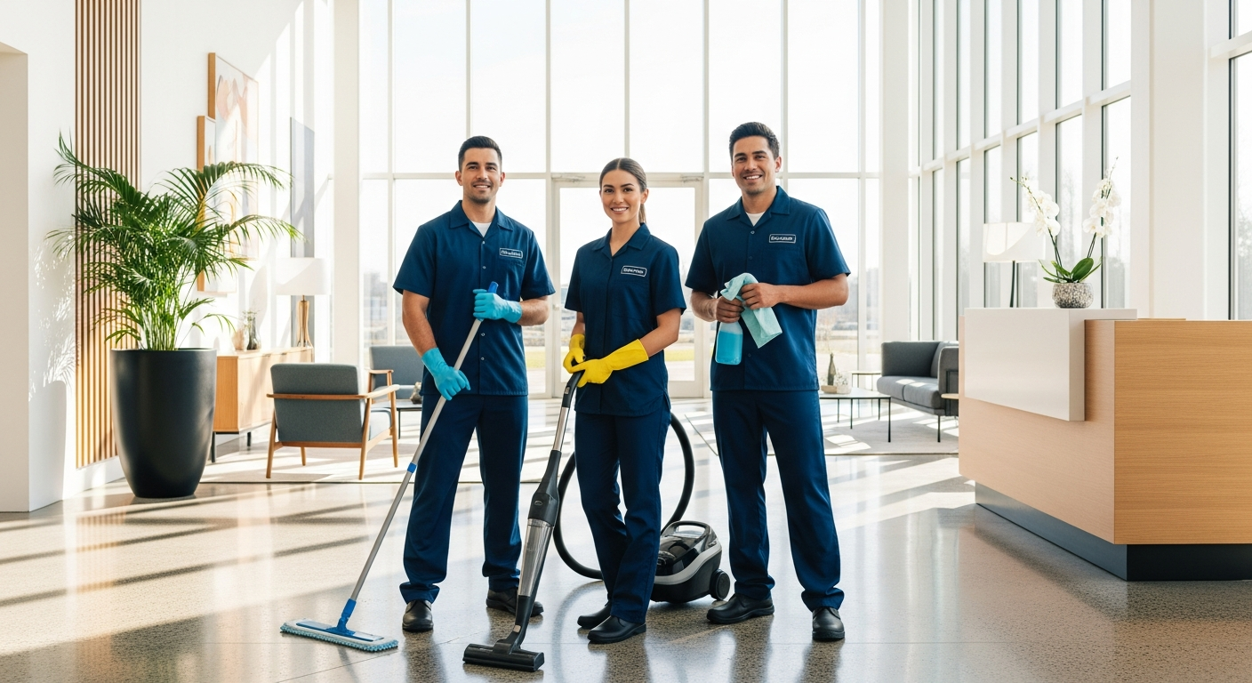 Commercial cleaning crew in matching uniforms standing together in an office lobby