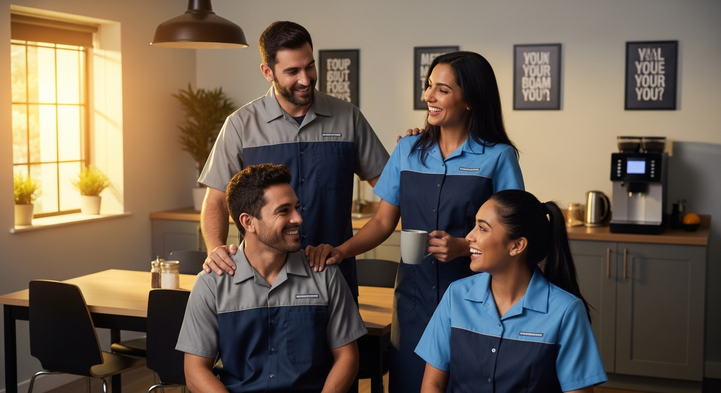 Diverse commercial cleaning crew smiling together in a break room