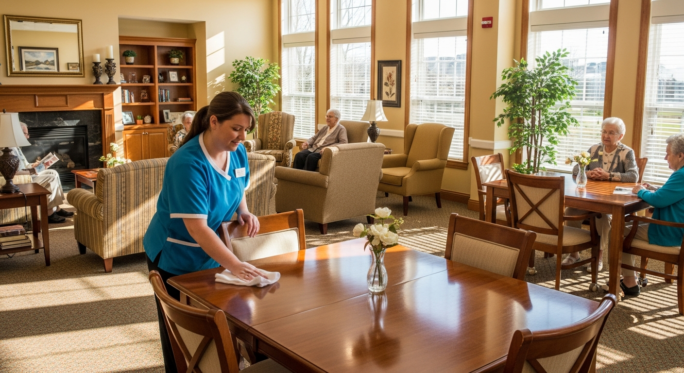 Cleaner wiping down a dining table in a bright senior living common room