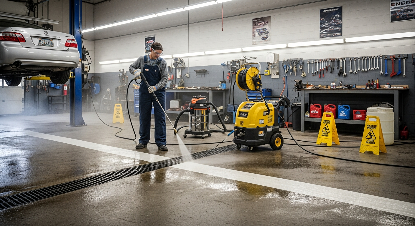 Cleaner degreasing a concrete floor in an auto service garage bay