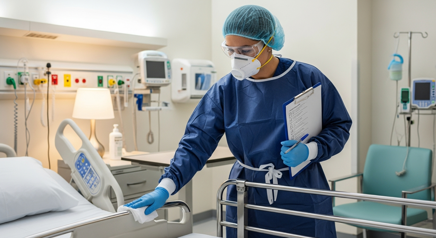 Cleaning technician in PPE performing terminal cleaning of a hospital patient room, wiping down bed rails with disinfectant