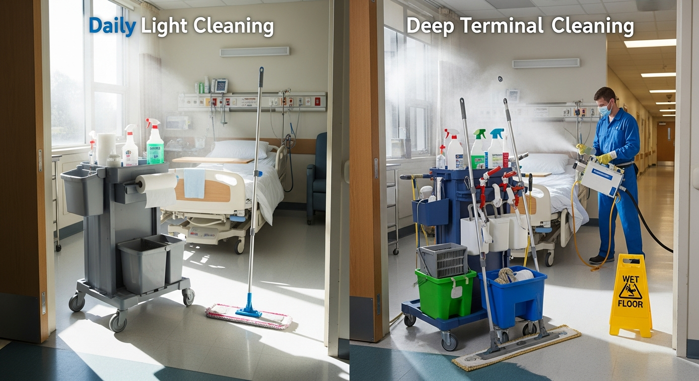 Hospital room mid-clean with a cleaning cart and disinfectant supplies contrasting daily cleaning with deep terminal cleaning