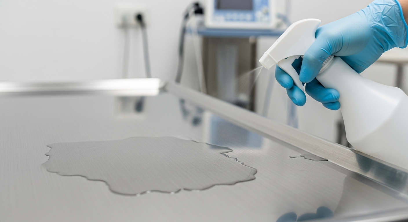 Gloved hand applying EPA-registered disinfectant spray to a stainless steel medical exam table surface