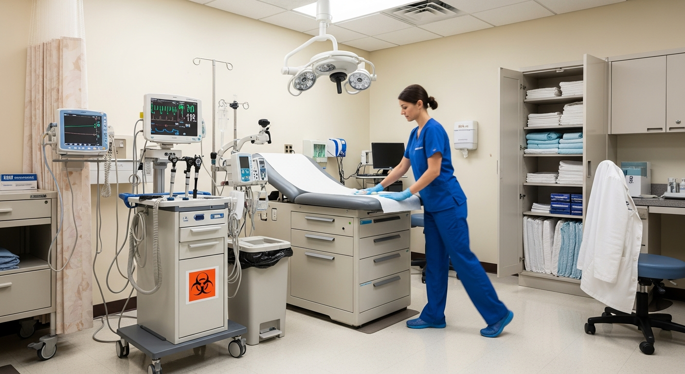 Busy urgent care clinic exam room being quickly turned over and cleaned between patients