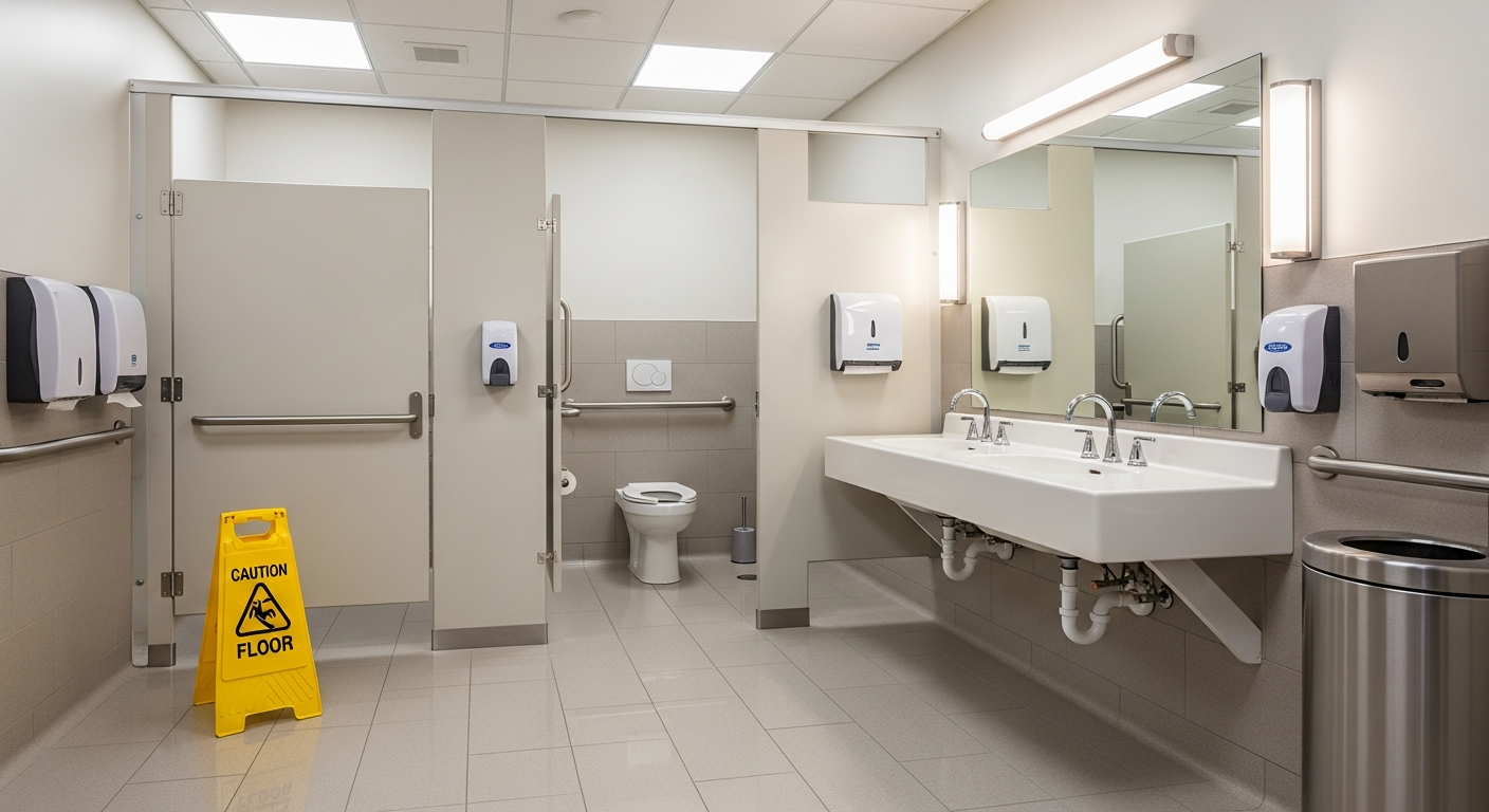 Accessible commercial restroom stall with a wet floor caution sign properly placed