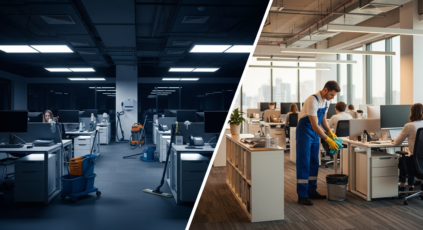 Split view of an office cleaned at night versus a day porter cleaning during business hours