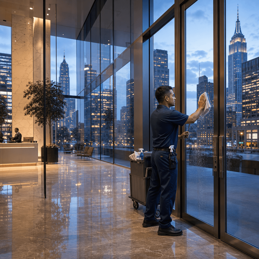 Janitorial crew member cleaning the glass lobby entrance of a New York City office building at dusk