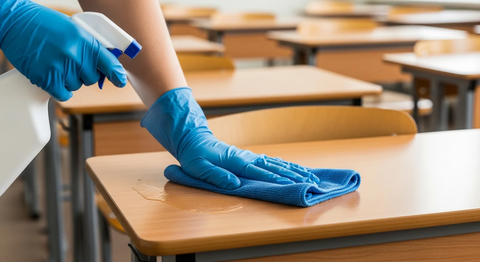 Cleaning technician disinfecting a classroom desk with a spray bottle and microfiber cloth