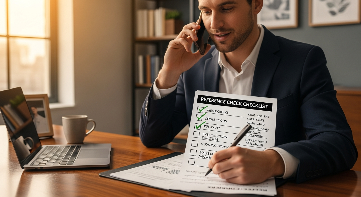 Businessperson on a phone call taking notes with a reference-check checklist on a desk