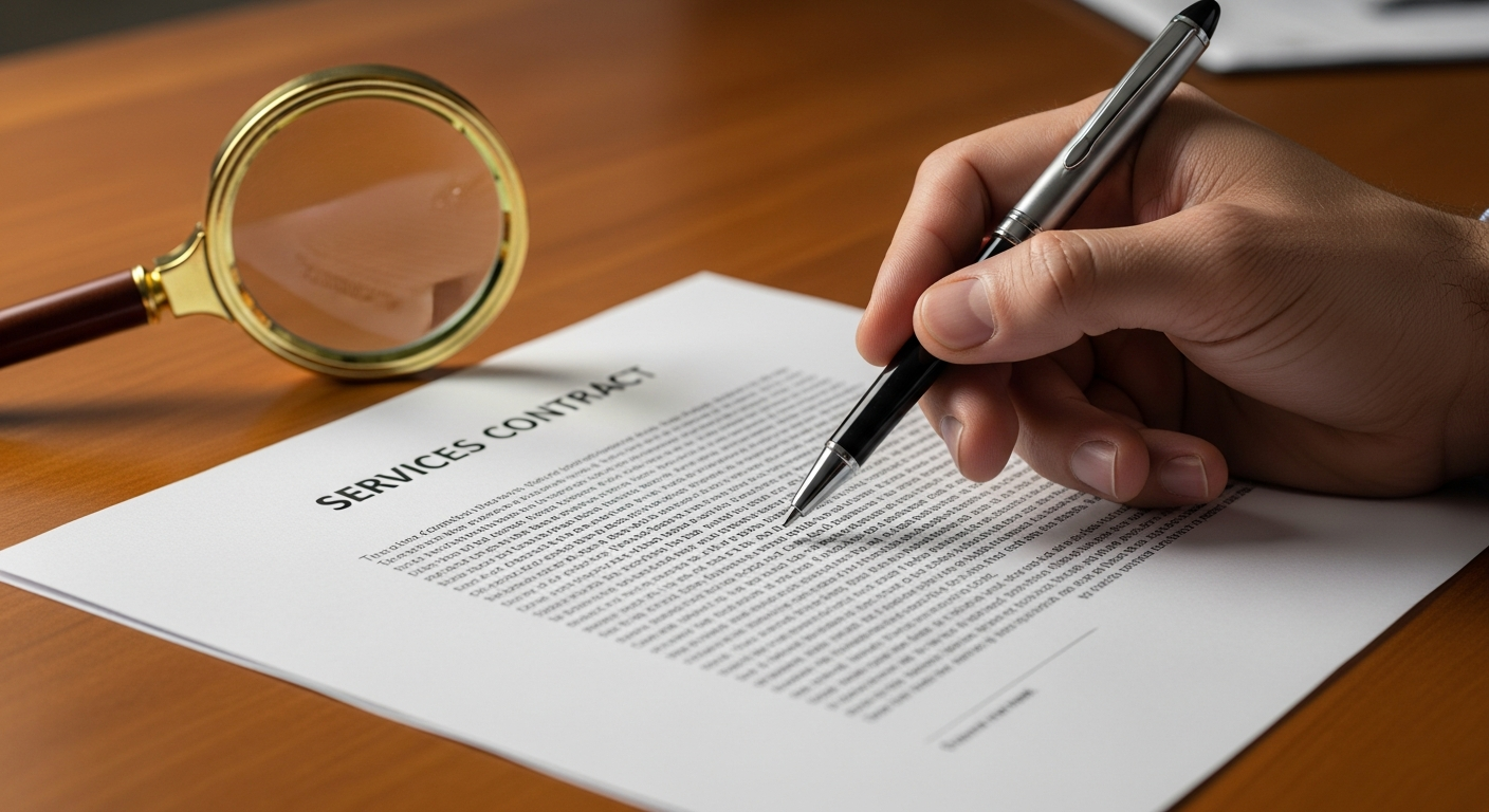 Close-up of a hand pointing a pen at fine print in a commercial cleaning services contract on an office desk