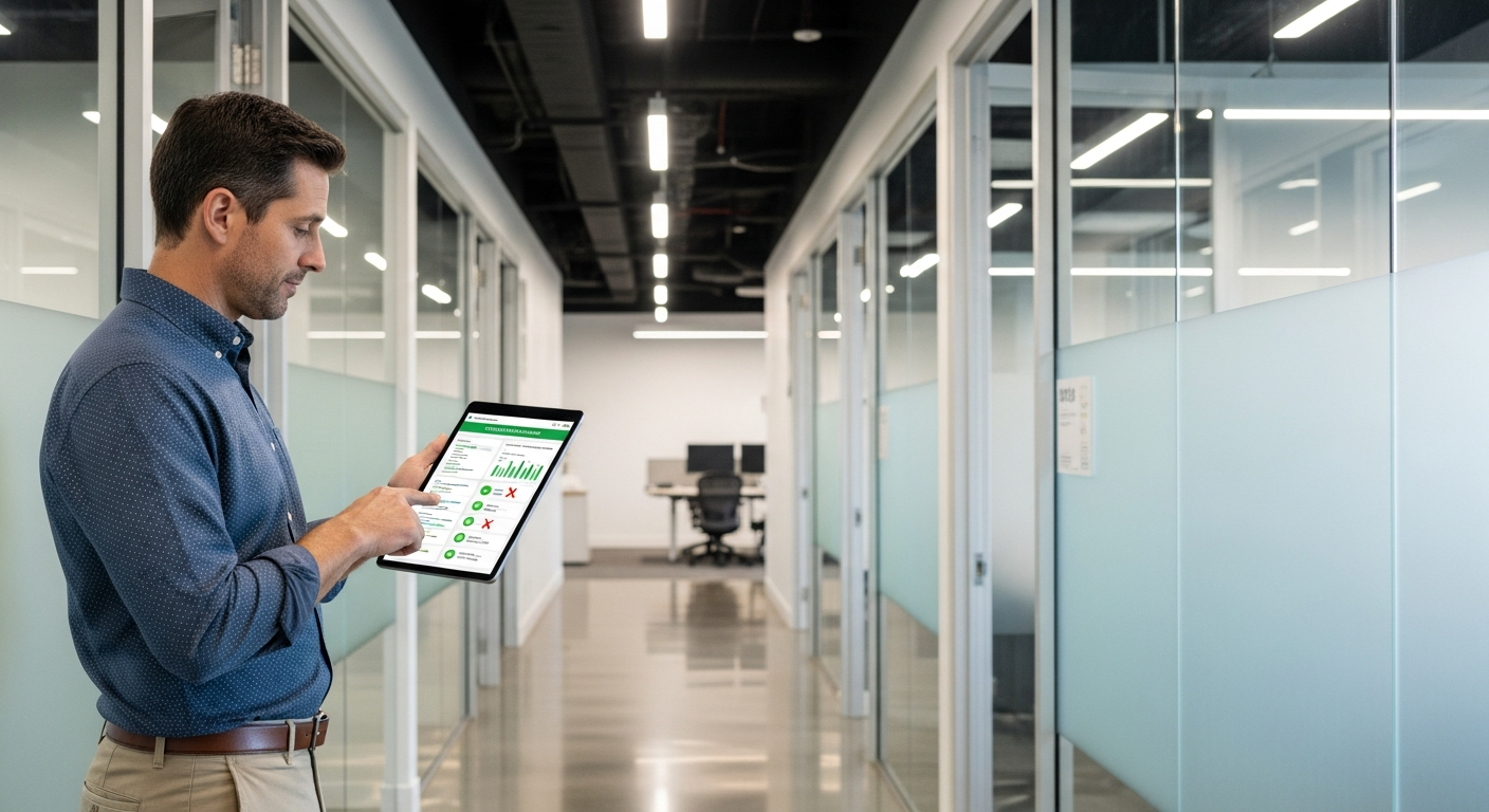 Facility manager reviewing a cleaning performance scorecard on a tablet in a modern office corridor