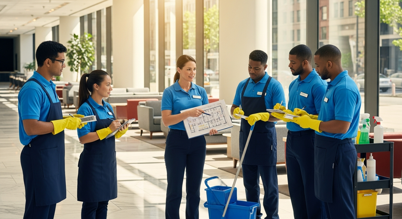 New cleaning crew being briefed by a supervisor with a floor plan in a commercial building lobby