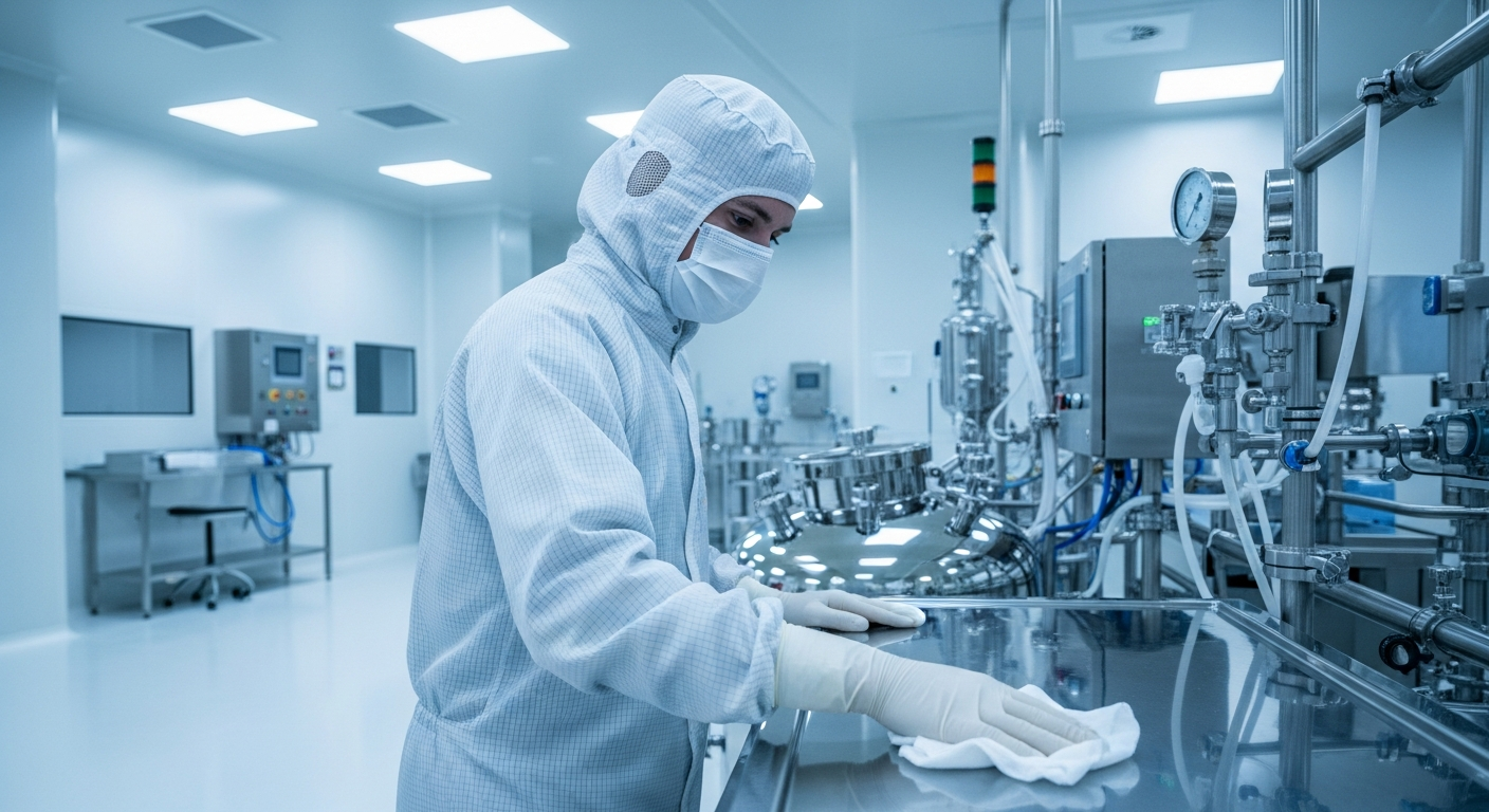 Technician in full cleanroom bunny suit and gloves wiping down a stainless steel surface inside a pharmaceutical cleanroom