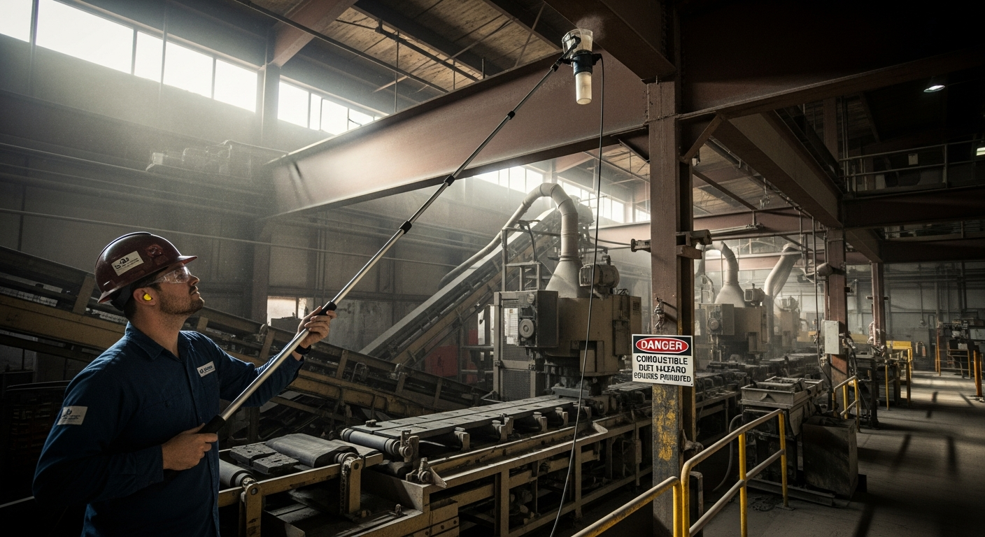 Industrial hygienist inspecting dust accumulation on overhead beams and machinery in a manufacturing facility