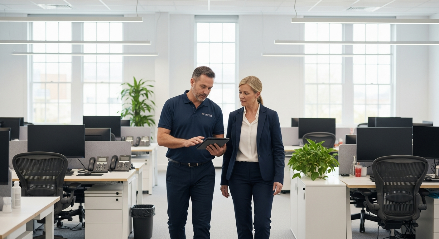 Cleaning company estimator walking through a commercial office space with a facility manager, reviewing a tablet