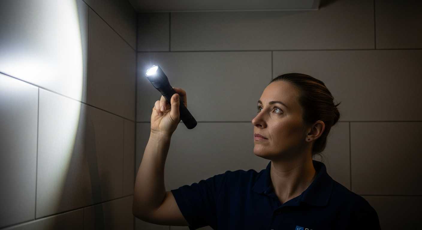 Cleaner inspecting a commercial restroom ceiling corner for early signs of mold with a flashlight