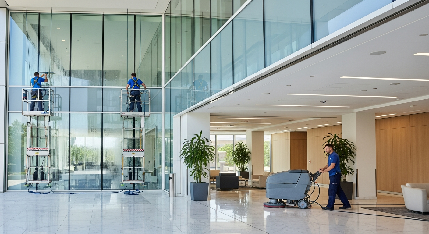Commercial building entrance and lobby floor being deep cleaned in spring sunlight