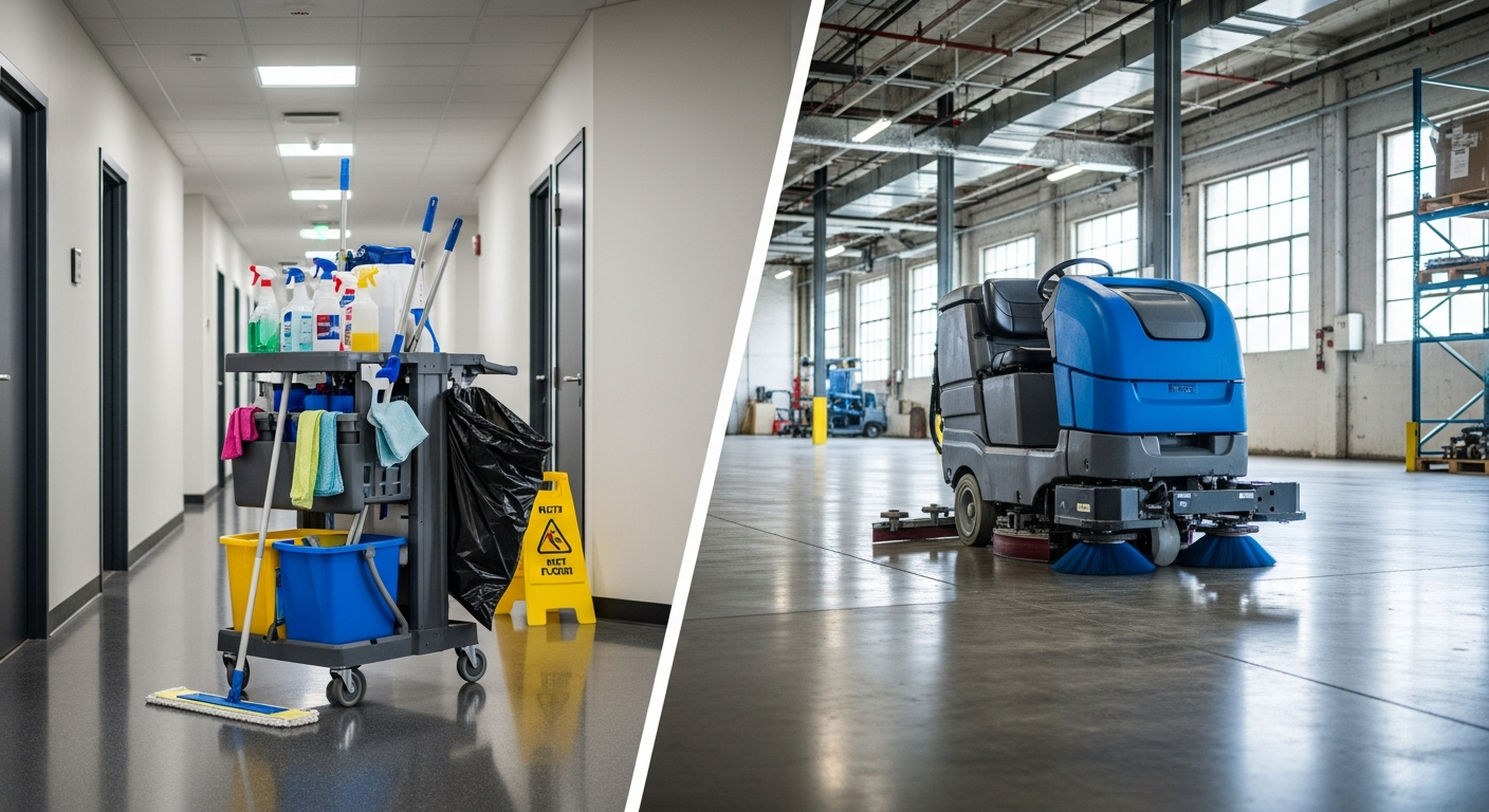 Janitorial cleaning cart in an office hallway next to a specialty floor-scrubbing machine in an industrial space