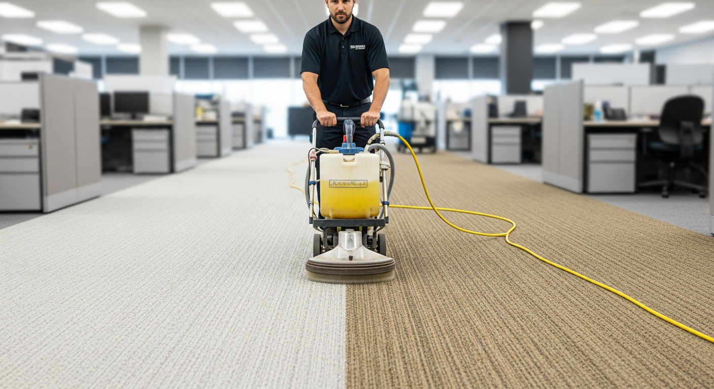 Technician operating a hot water extraction machine on commercial office carpet