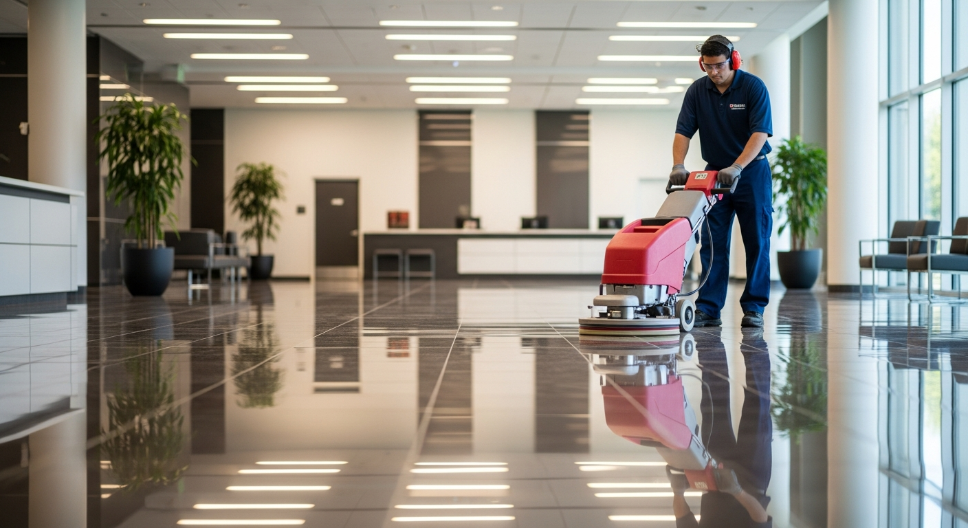 Cleaning technician buffing a glossy commercial VCT tile floor in an office lobby
