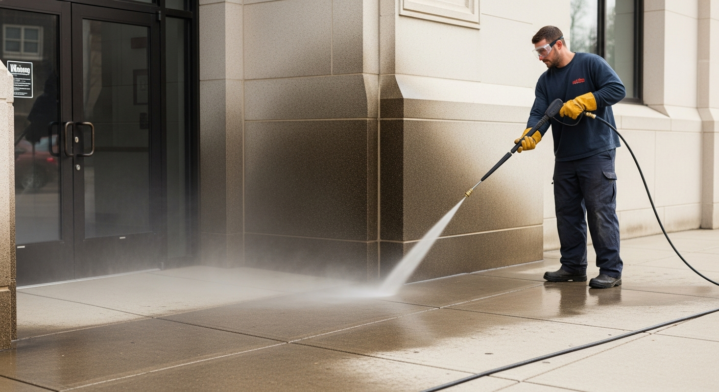 Technician pressure washing a concrete sidewalk and building entrance facade
