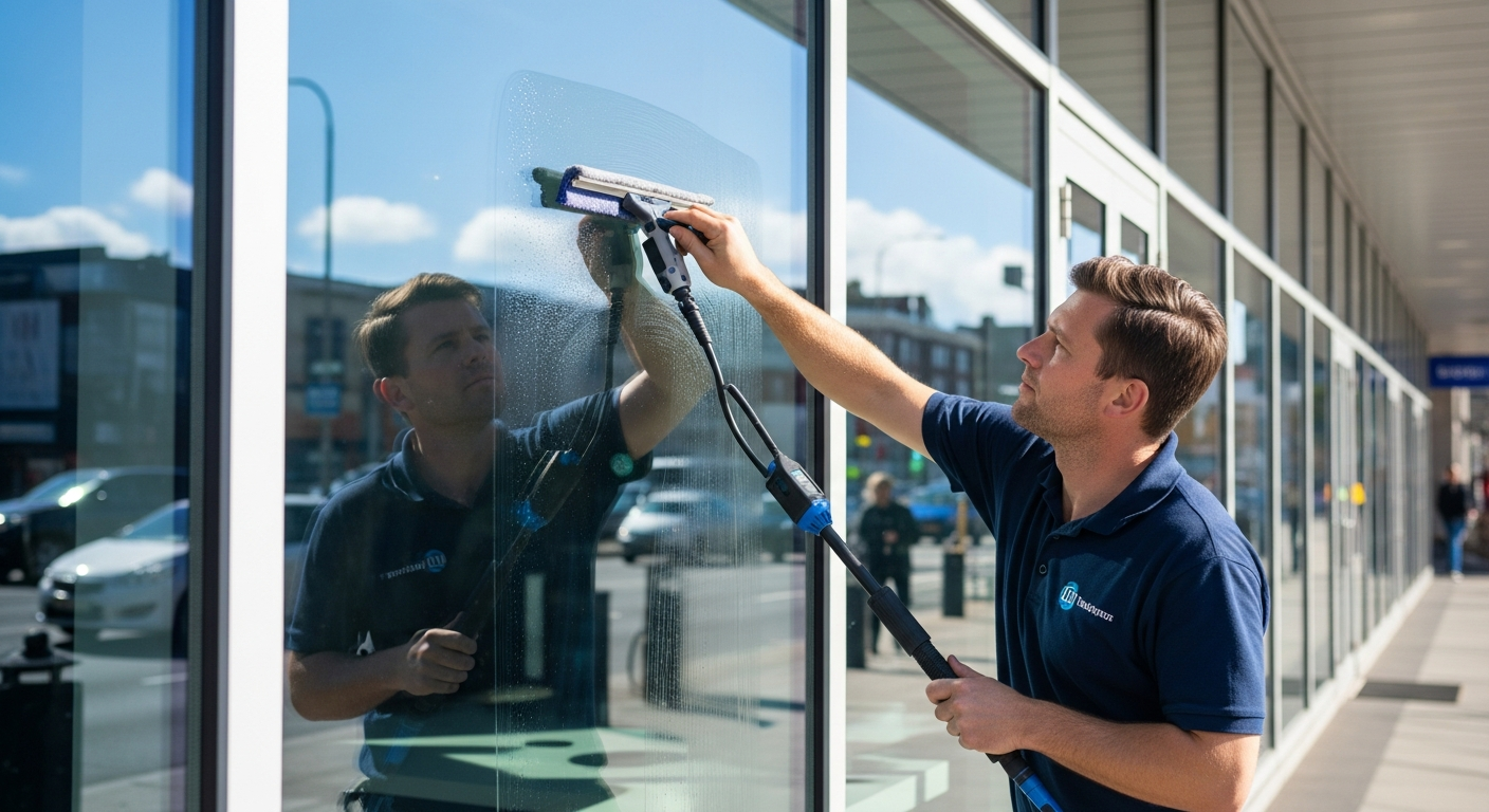 Professional window cleaner squeegeeing a large glass storefront window