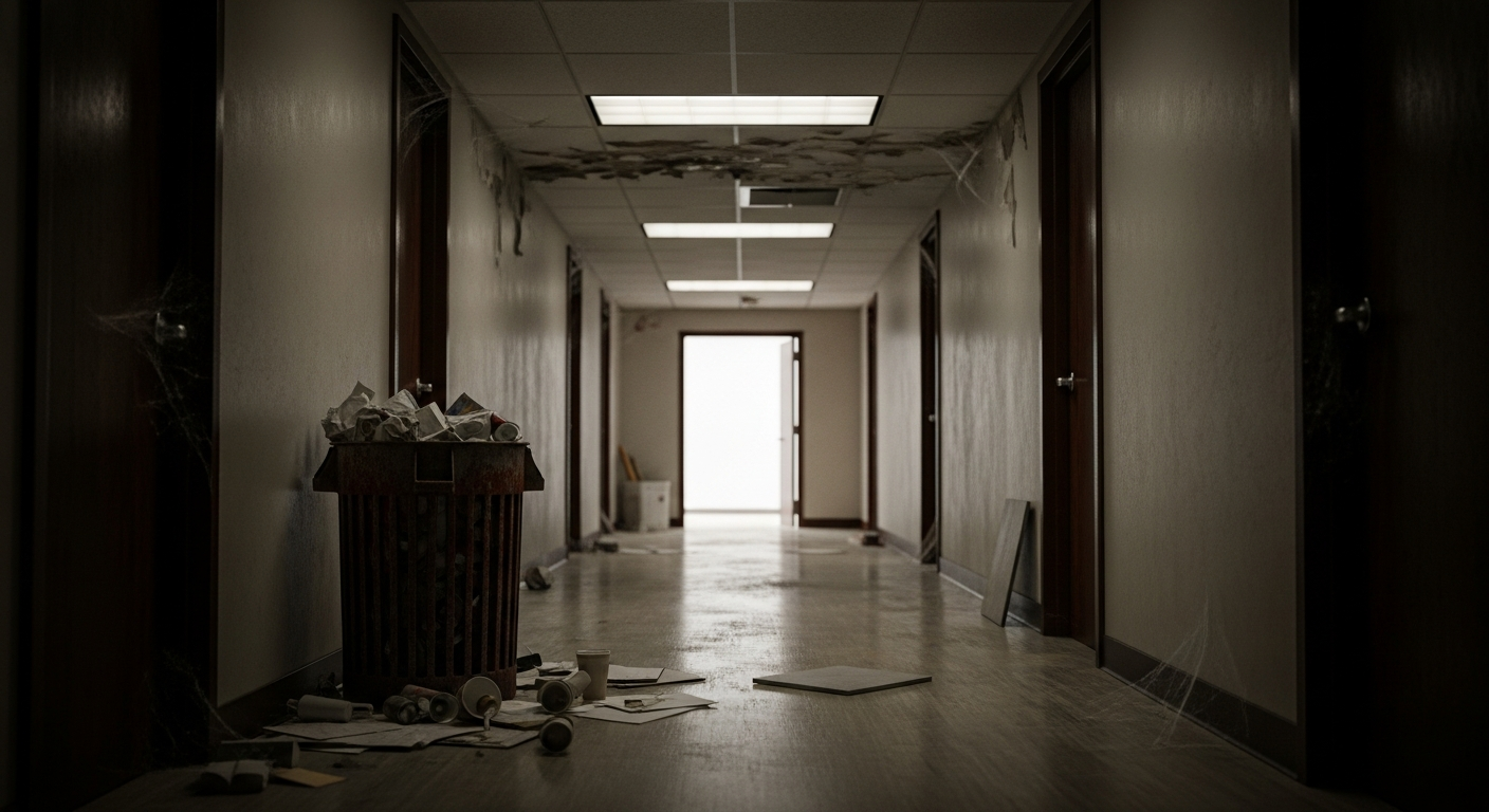 Neglected dusty office corridor with dull floors contrasted against a clean bright doorway