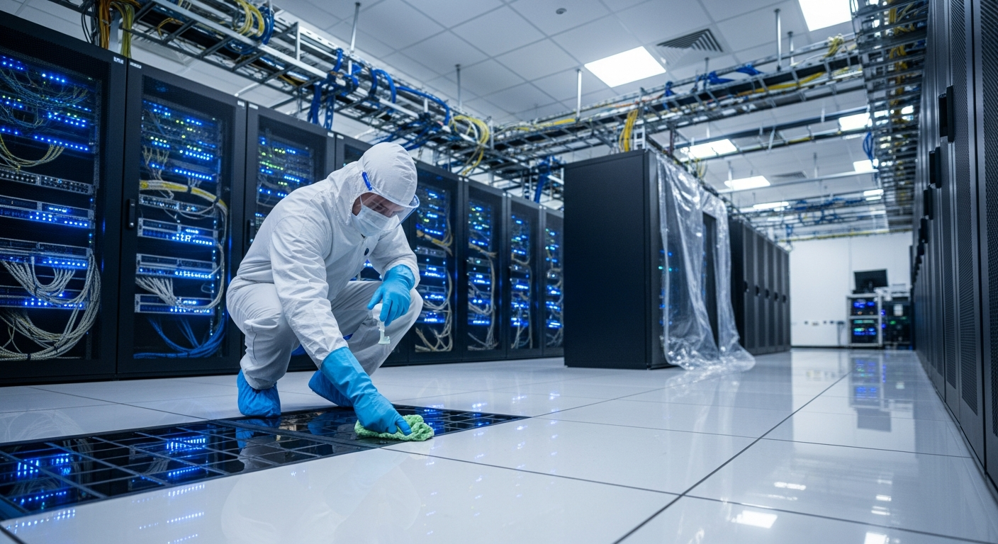 Technician in anti-static gear cleaning a raised floor tile in a data center server room