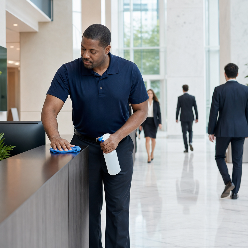 Day porter wiping down a reception desk in a Class A office building lobby during business hours