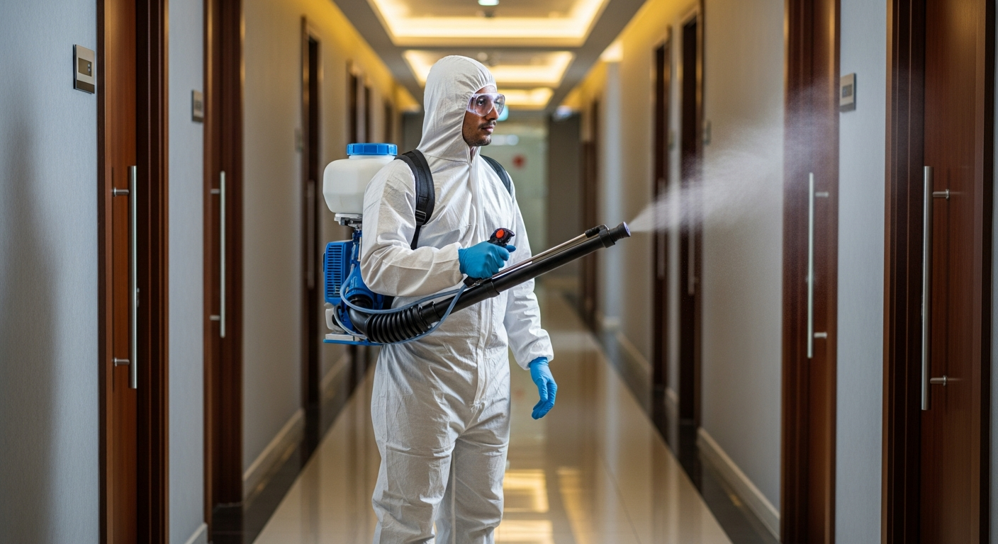 Technician in PPE operating an electrostatic disinfection sprayer in a commercial office hallway