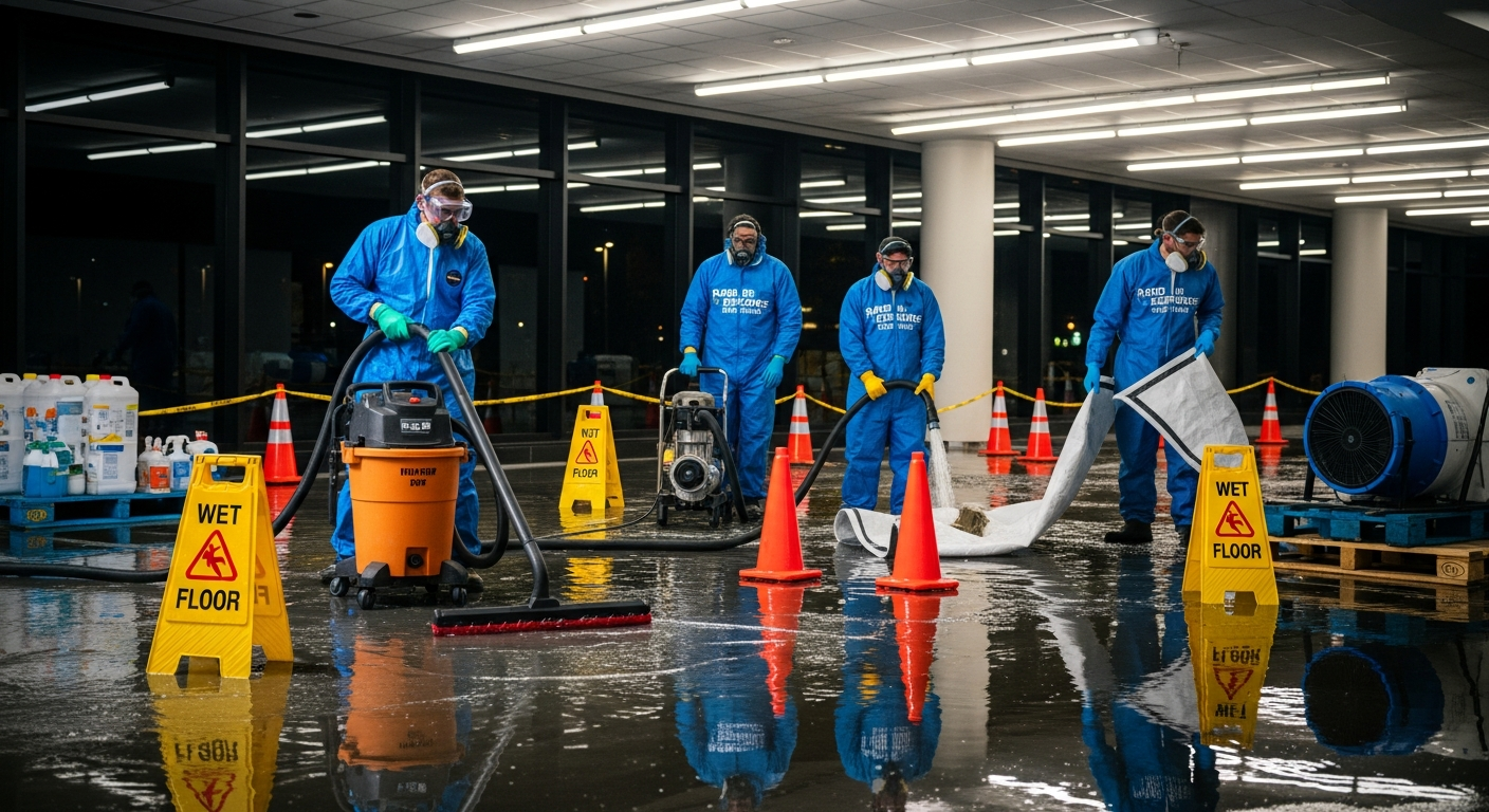 Emergency cleaning crew responding at night to a commercial building water spill wearing PPE