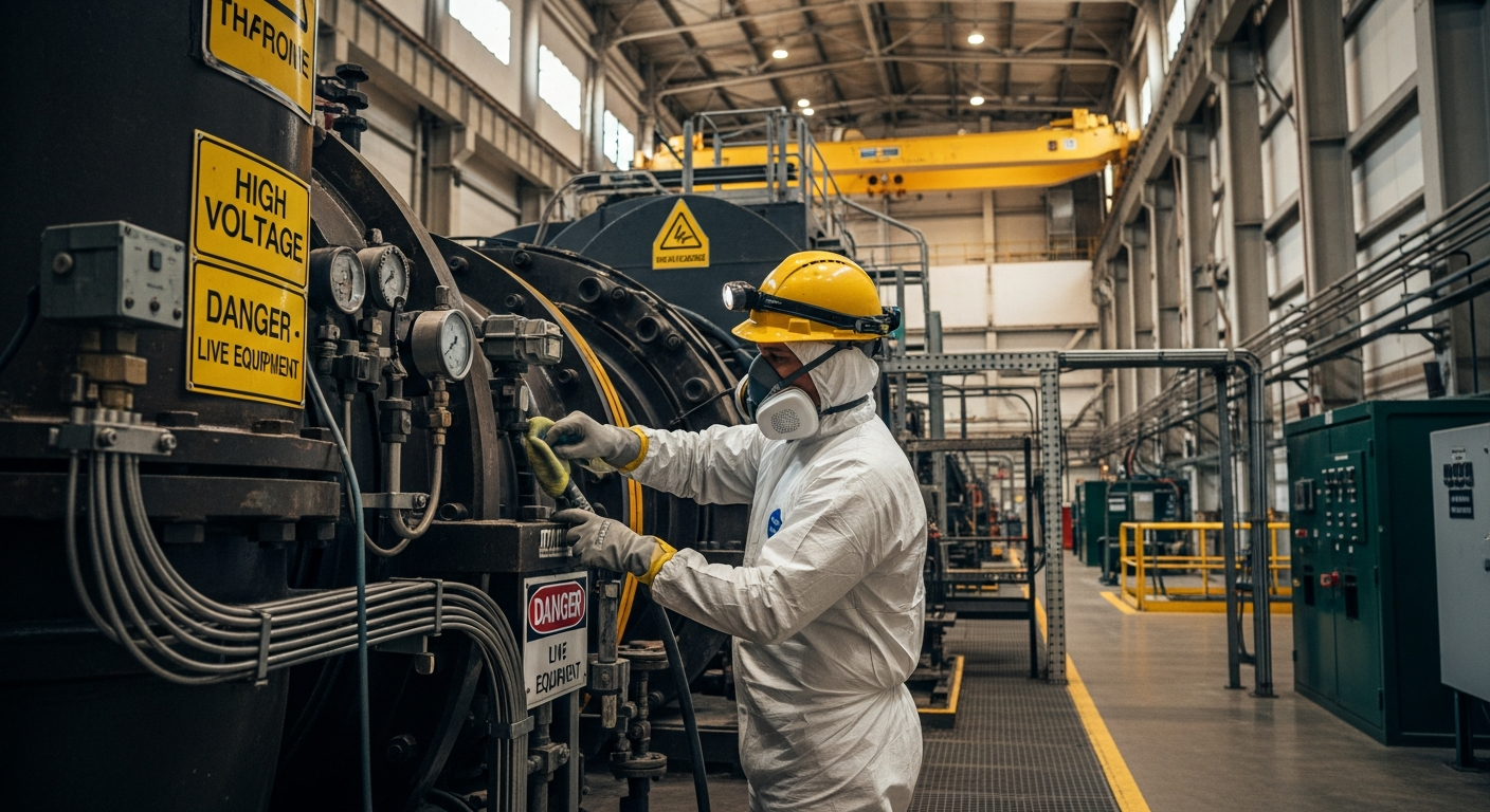 Cleaning technician in full PPE and hard hat working near industrial power plant equipment