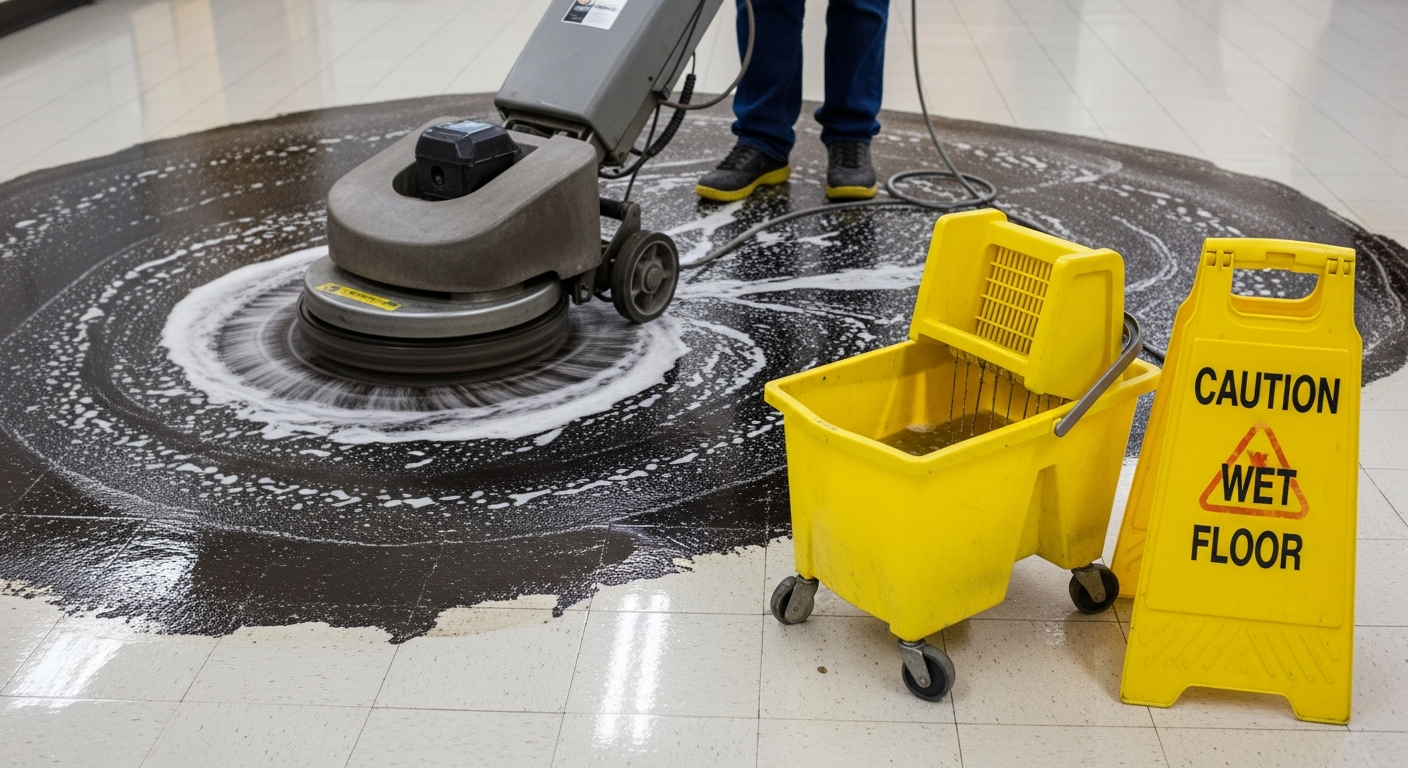 Wet floor stripping solution being scrubbed off a commercial tile floor with a floor machine