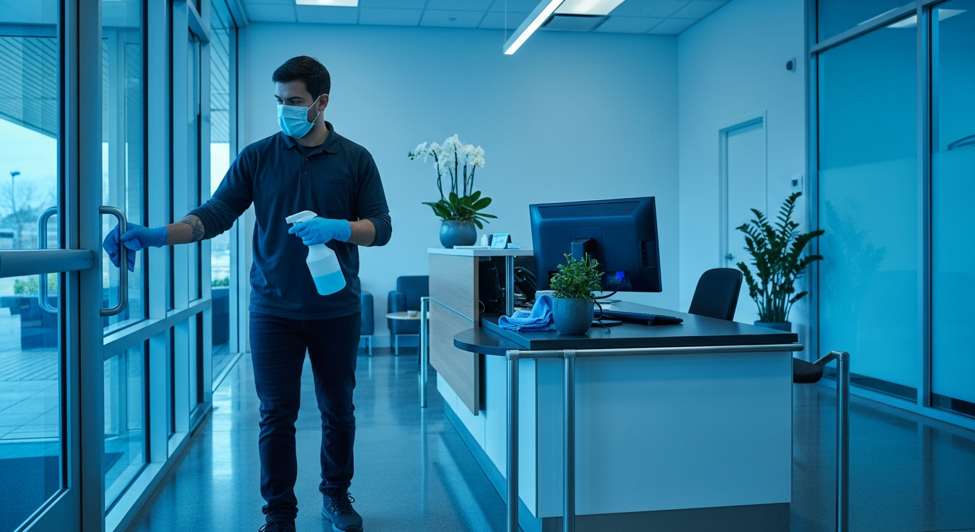 Cleaner disinfecting a high-touch door handle in an office lobby during flu season