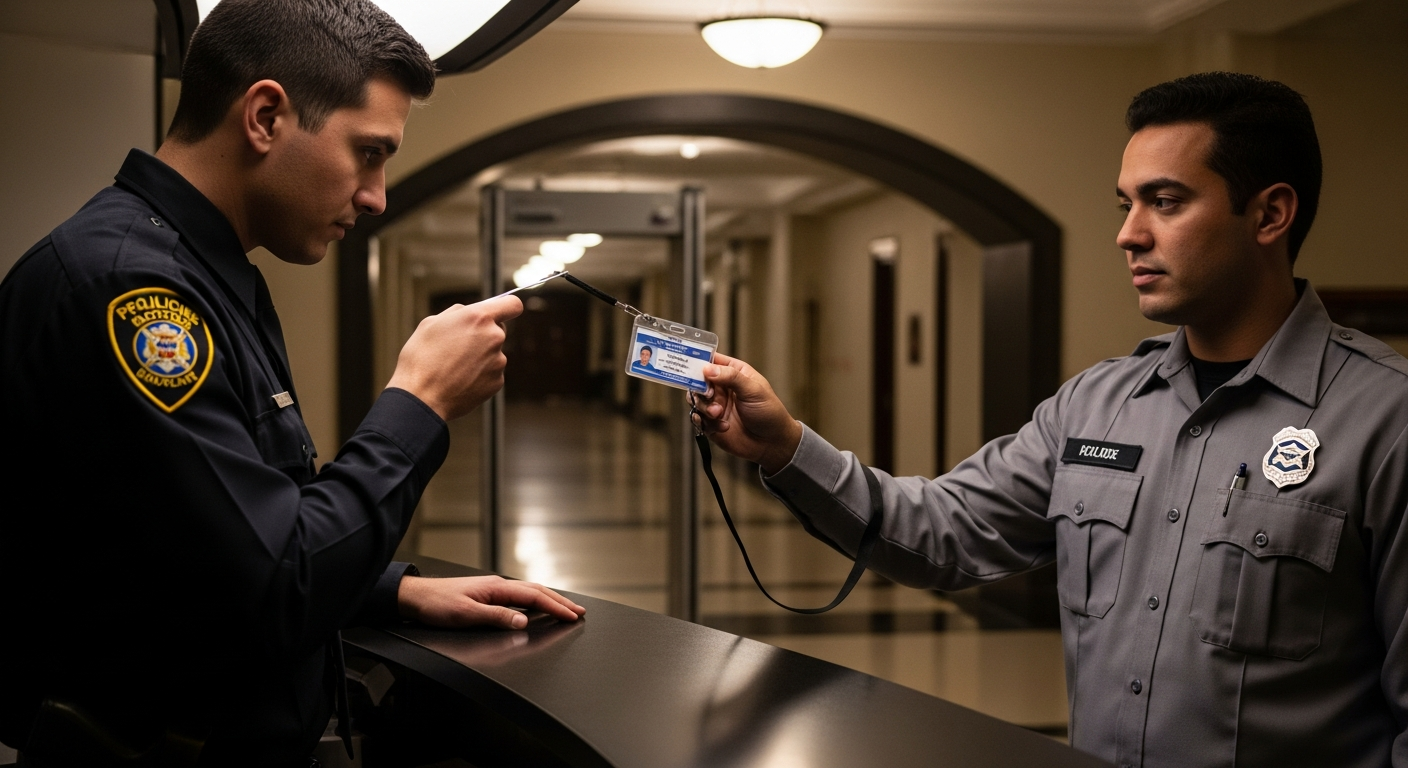Security guard verifying credentials of a janitorial worker entering a government building after hours