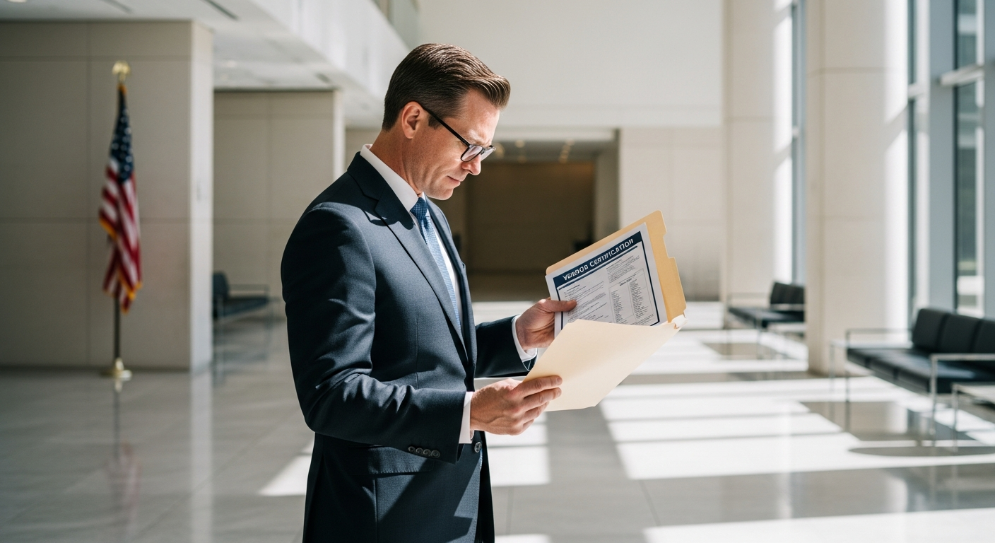 Procurement officer reviewing a vendor certification checklist in a government building lobby