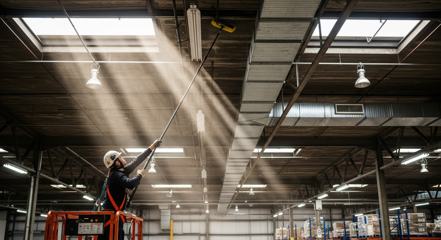 Technician using an extension pole to dust overhead beams and ductwork in a warehouse ceiling