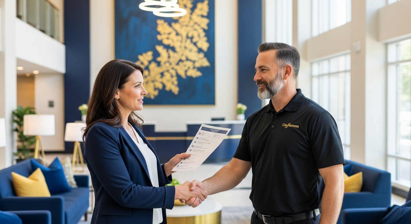 Facility manager reviewing a vendor checklist while shaking hands with a commercial cleaning supervisor in an office lobby