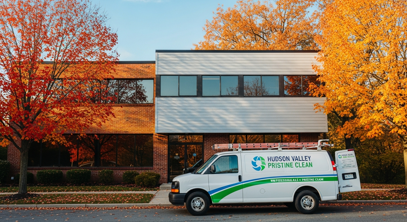 Commercial building in the Hudson Valley surrounded by autumn foliage with a cleaning van parked outside