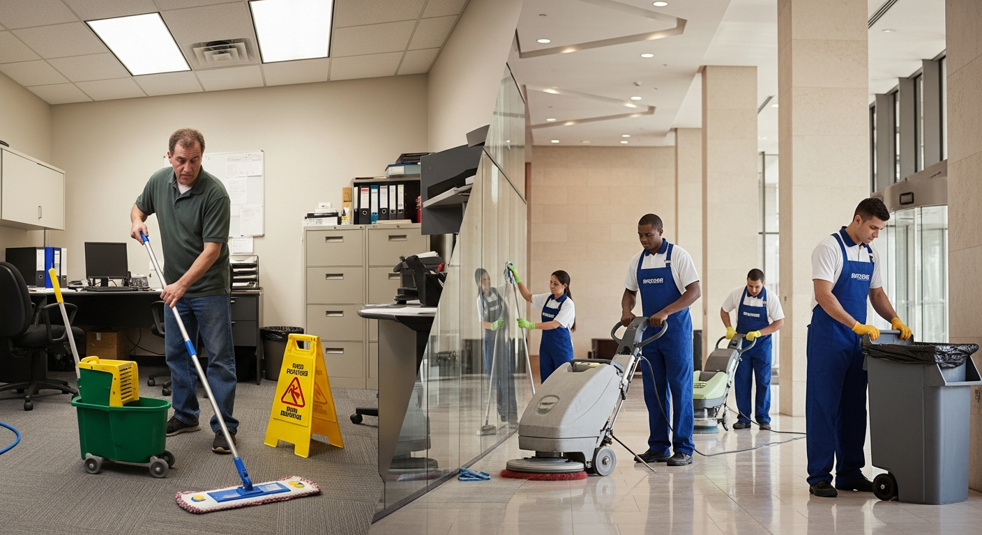 Split scene of an in-house employee mopping a small office next to a professional cleaning crew working in a commercial building