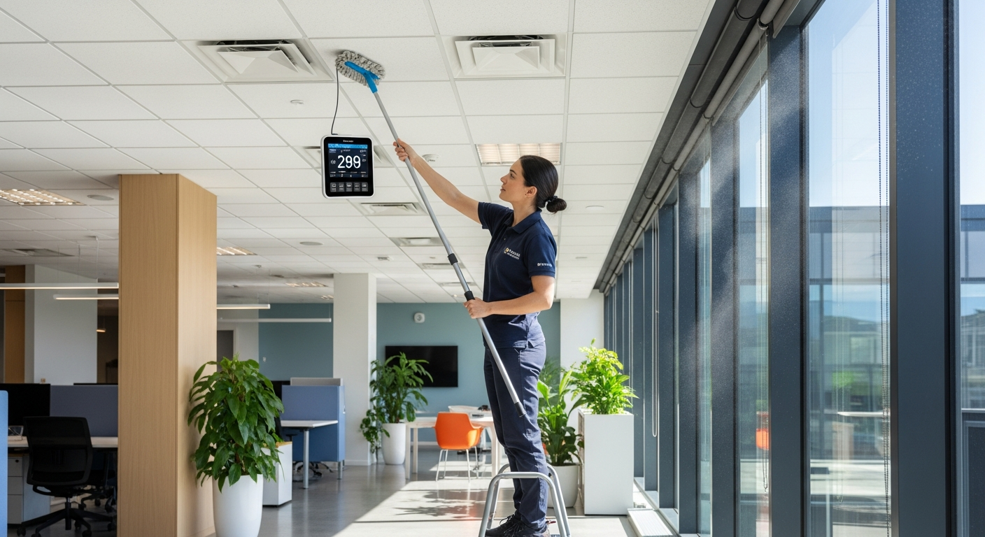 Cleaner high-dusting an office ceiling vent with sunlight streaming through windows