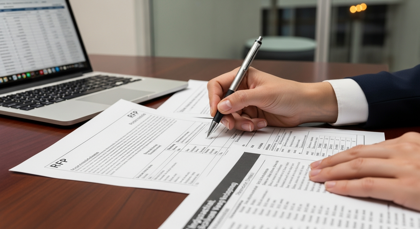 Procurement officer drafting a detailed janitorial RFP scope of work document