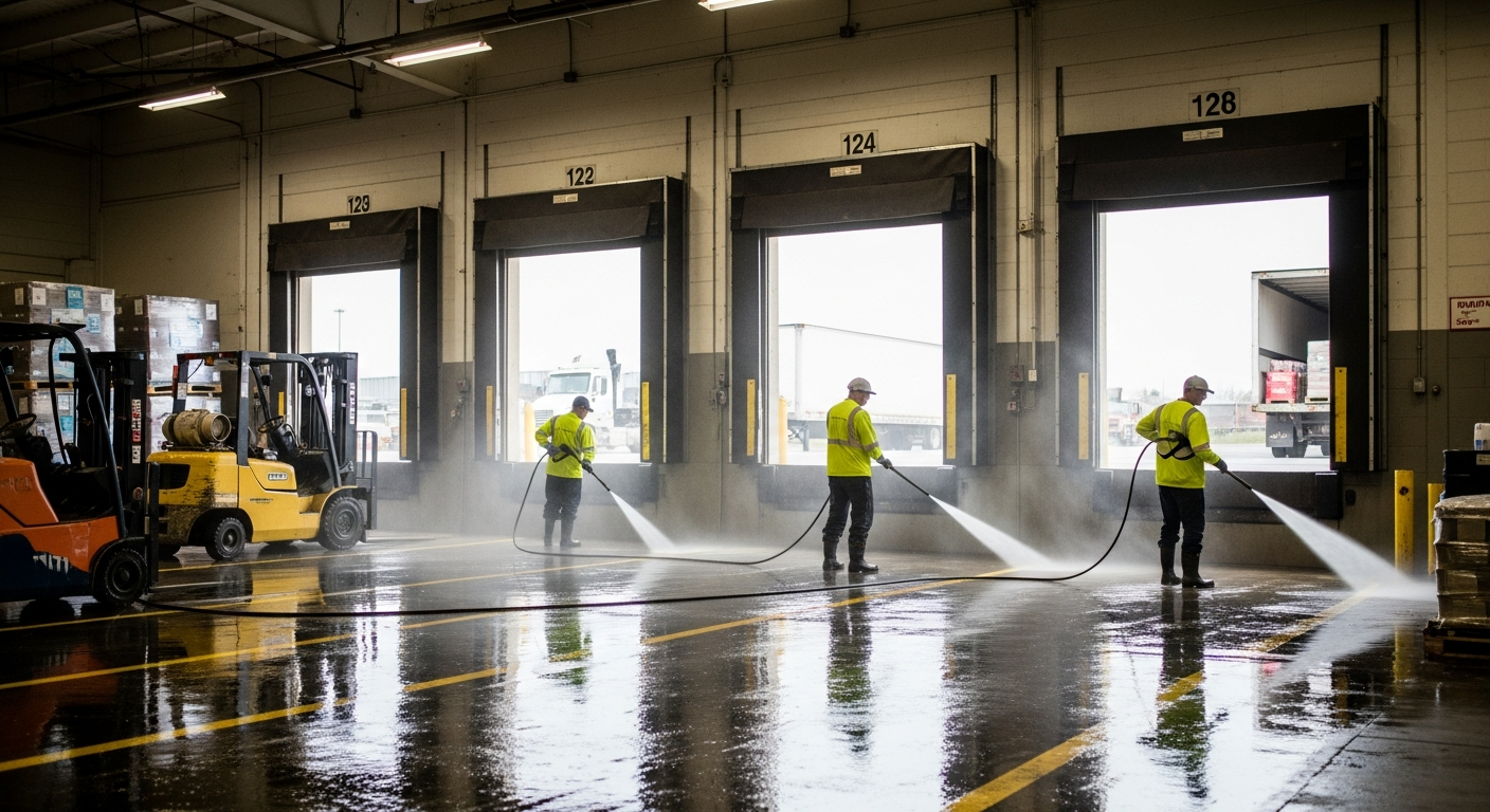 Cleaning crew pressure washing a warehouse loading dock floor near forklifts and pallets