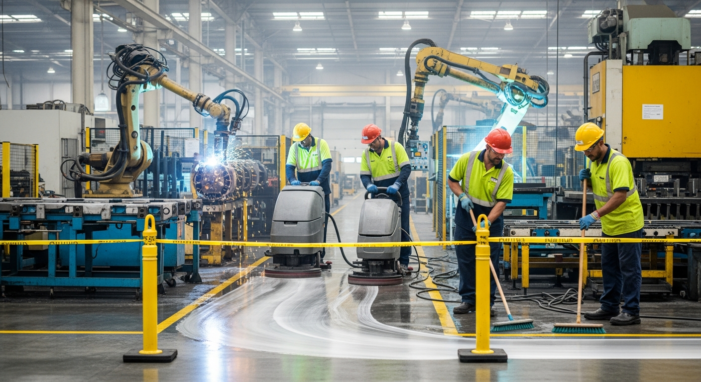 Cleaning crew scrubbing a manufacturing plant floor near active production equipment with safety barriers